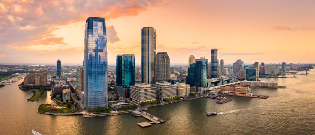 Aerial,Panorama,Of,Jersey,City,Skyline,At,Sunset.
